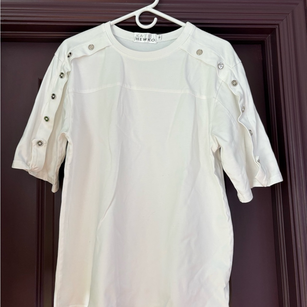 Women's White Button-Shoulder Relaxed Tee from Kate Hewko